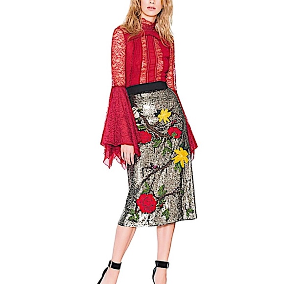 Alice + Olivia Gold with Tag Women's Ella Embellished Straight Skirt - Picture 6 of 13